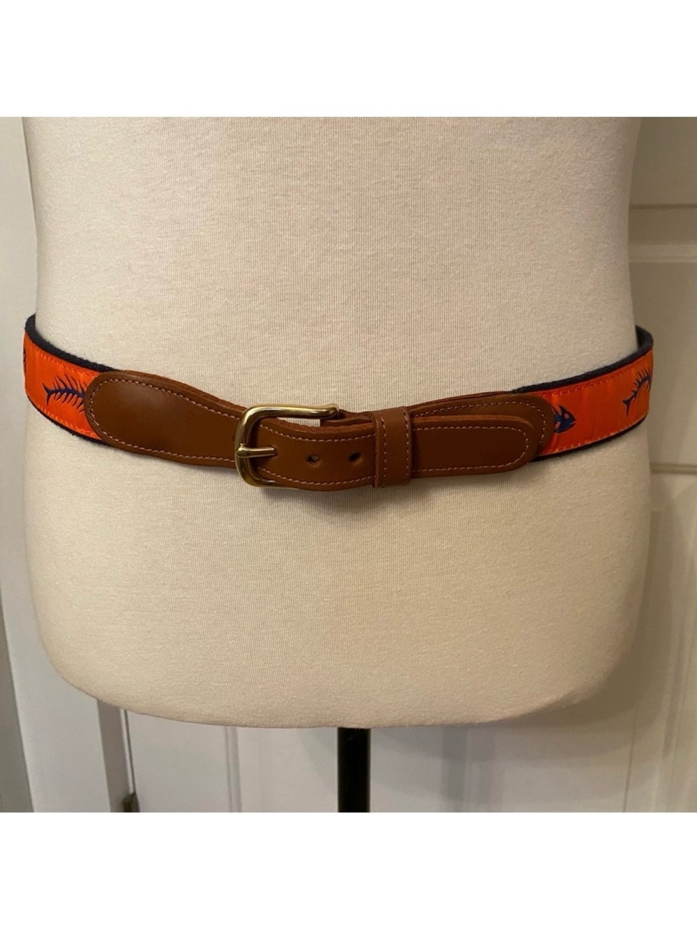 PRESTON BELT ORANGE BLUE BONE FISH BROWN LEATHER GOLD BUCKLE SIZE 36 USA